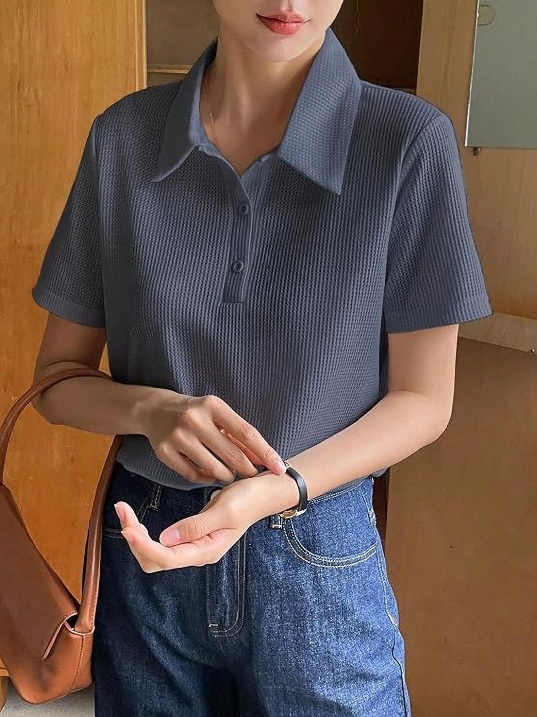 

KASHIAN Women Self Design Polo Collar Cotton T-shirt, Grey