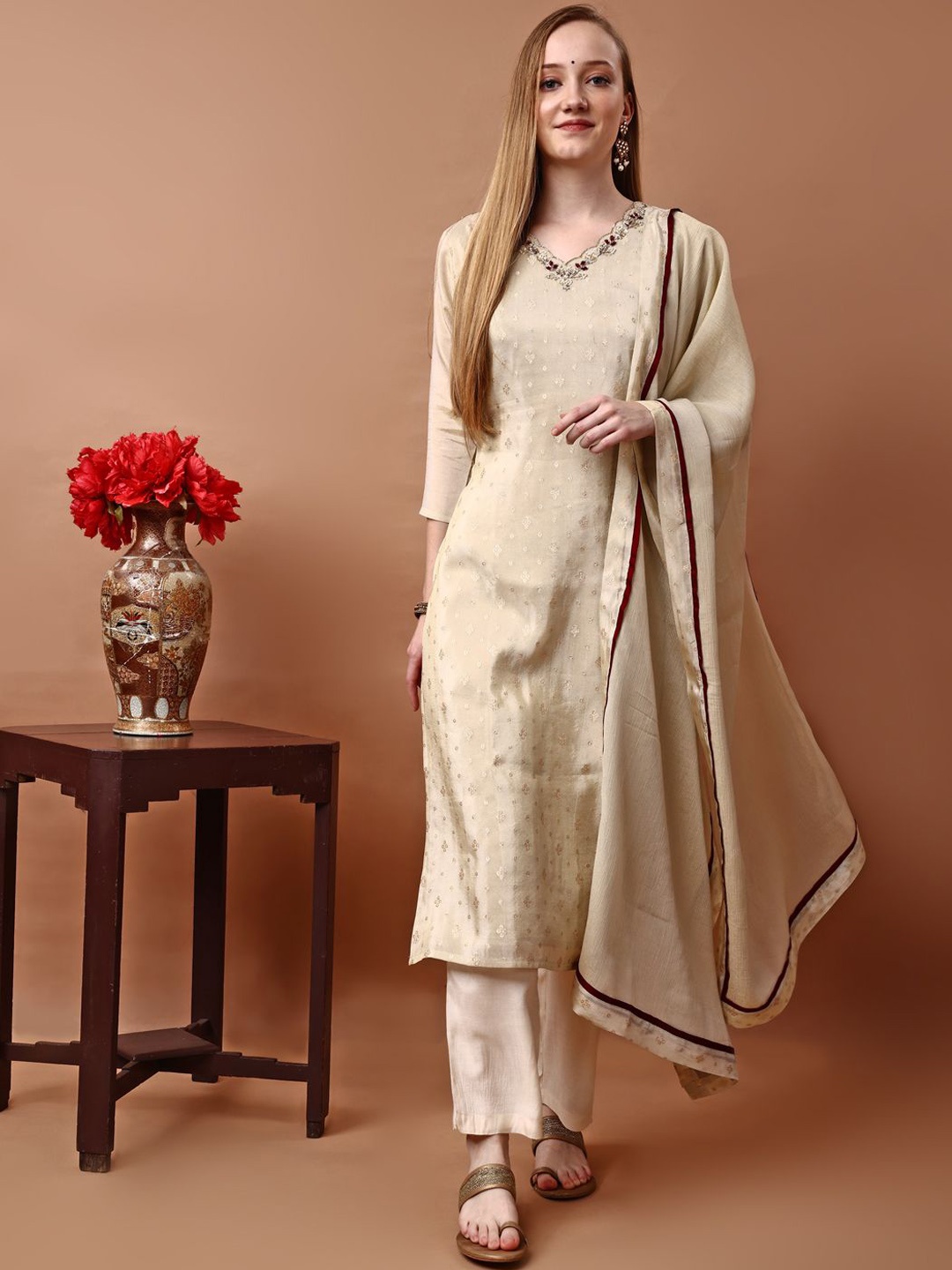 

Glomee Floral Printed V-Neck Aari Work Pure Silk Straight Kurta With Trousers & Dupatta, Beige