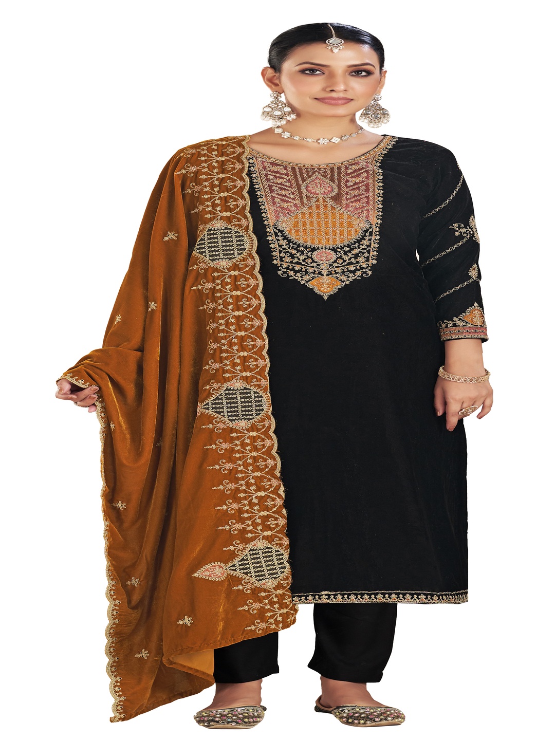 

DRAVINAM Trends Floral Embroidered Velvet Unstitched Dress Material, Black