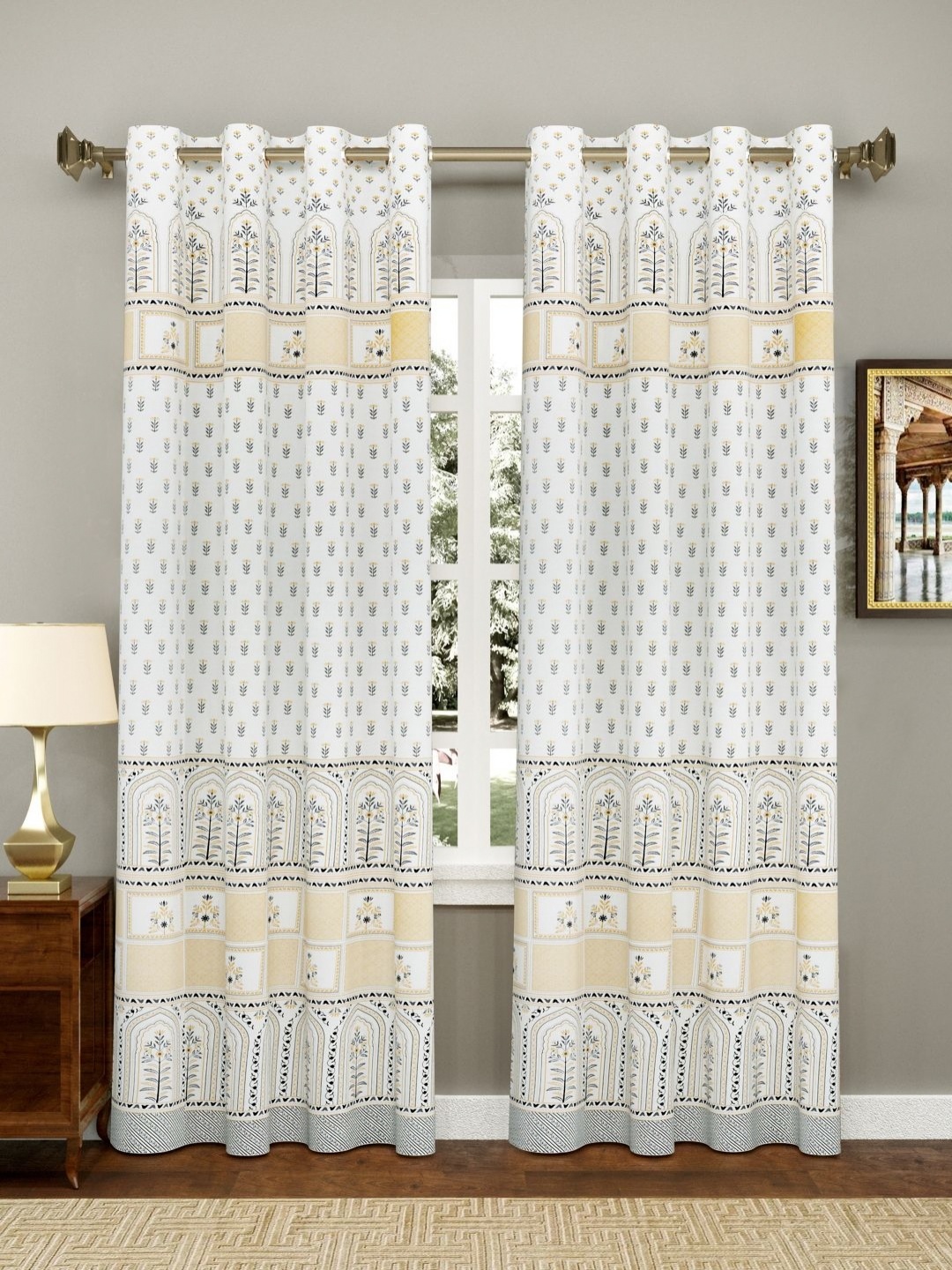 

Myntra Elegant Homes Grey & White 2 Pieces Cotton Eyelet Floral Door Curtain