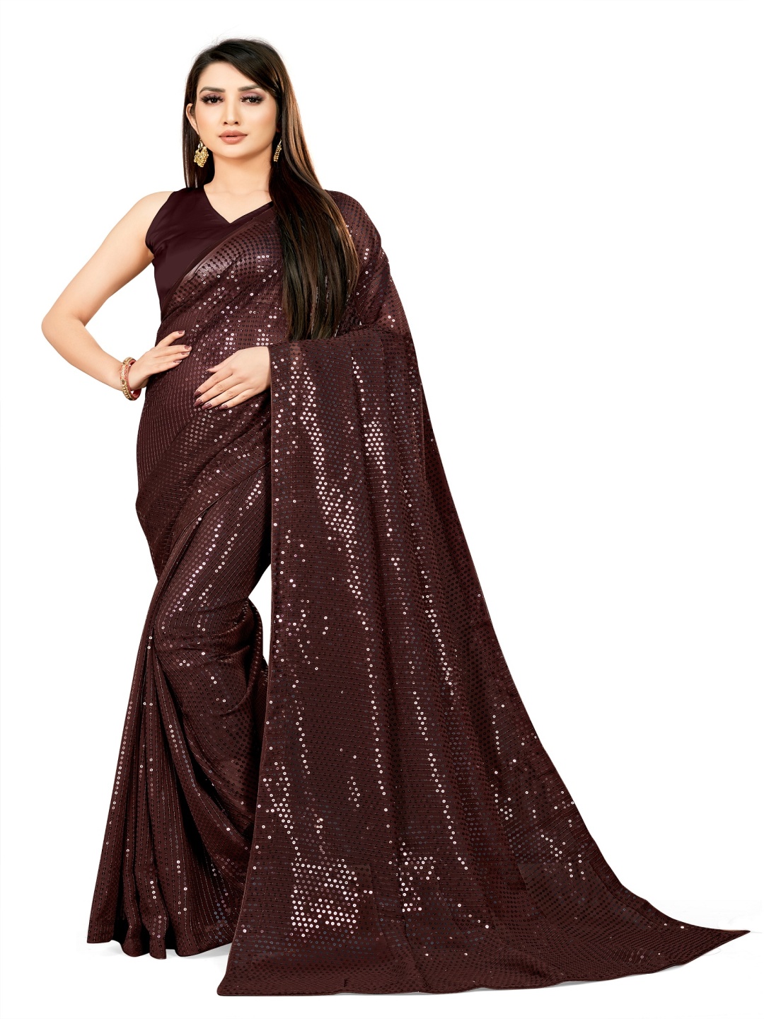 

Moda Rapido Embellished Sequinned Poly Georgette Saree, Coffee brown