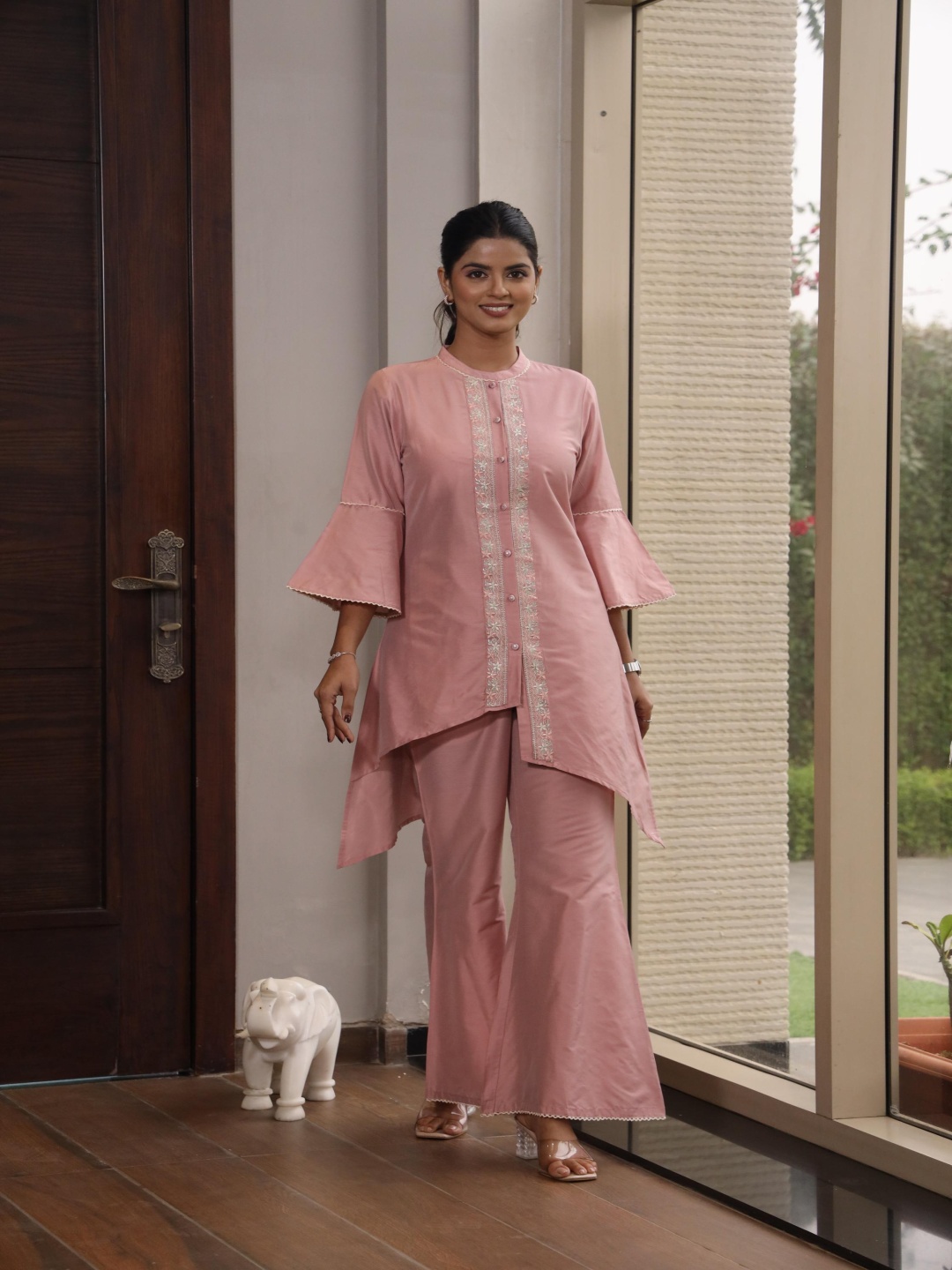 

CRAFTED FOR YOU Embroidered Mandarin Collar Tunic With Trouser, Peach