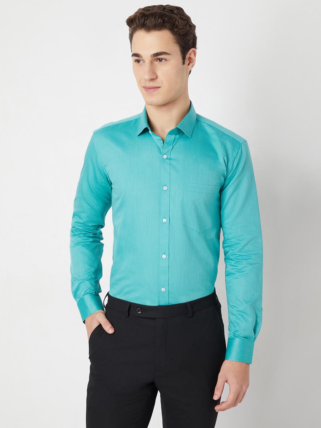 

MARK & ALBERT Men India Slim Fit Spread Collar Solid Cotton Formal Shirt, Green