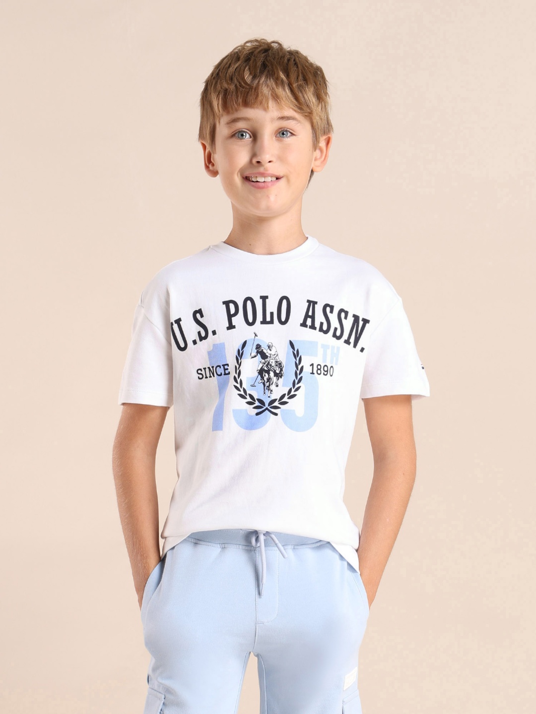 

U.S. Polo Assn. Kids Boys Brand Logo Printed Drop-Shoulder Sleeves Applique T-shirt, White