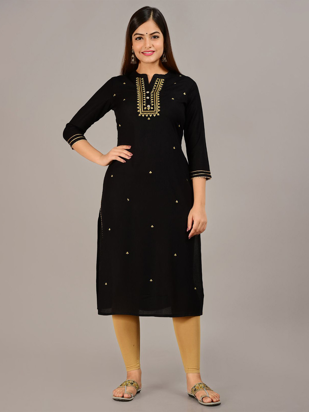 

ANNAYEMA APPARELS Floral Embroidered Mandarin Collar Straight Kurta, Black