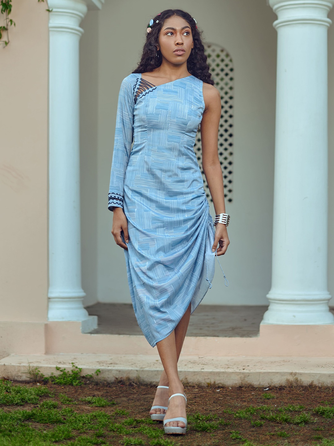 

Mamicha Print One Shoulder Crepe Fit & Flare Midi Dress, Blue