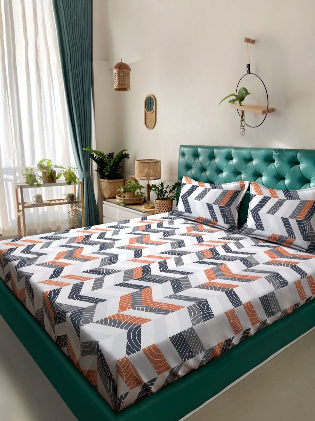 

HOSTA HOMES Grey & Orange Geometric 300 TC Queen Bedsheet with 2 Pillow Covers