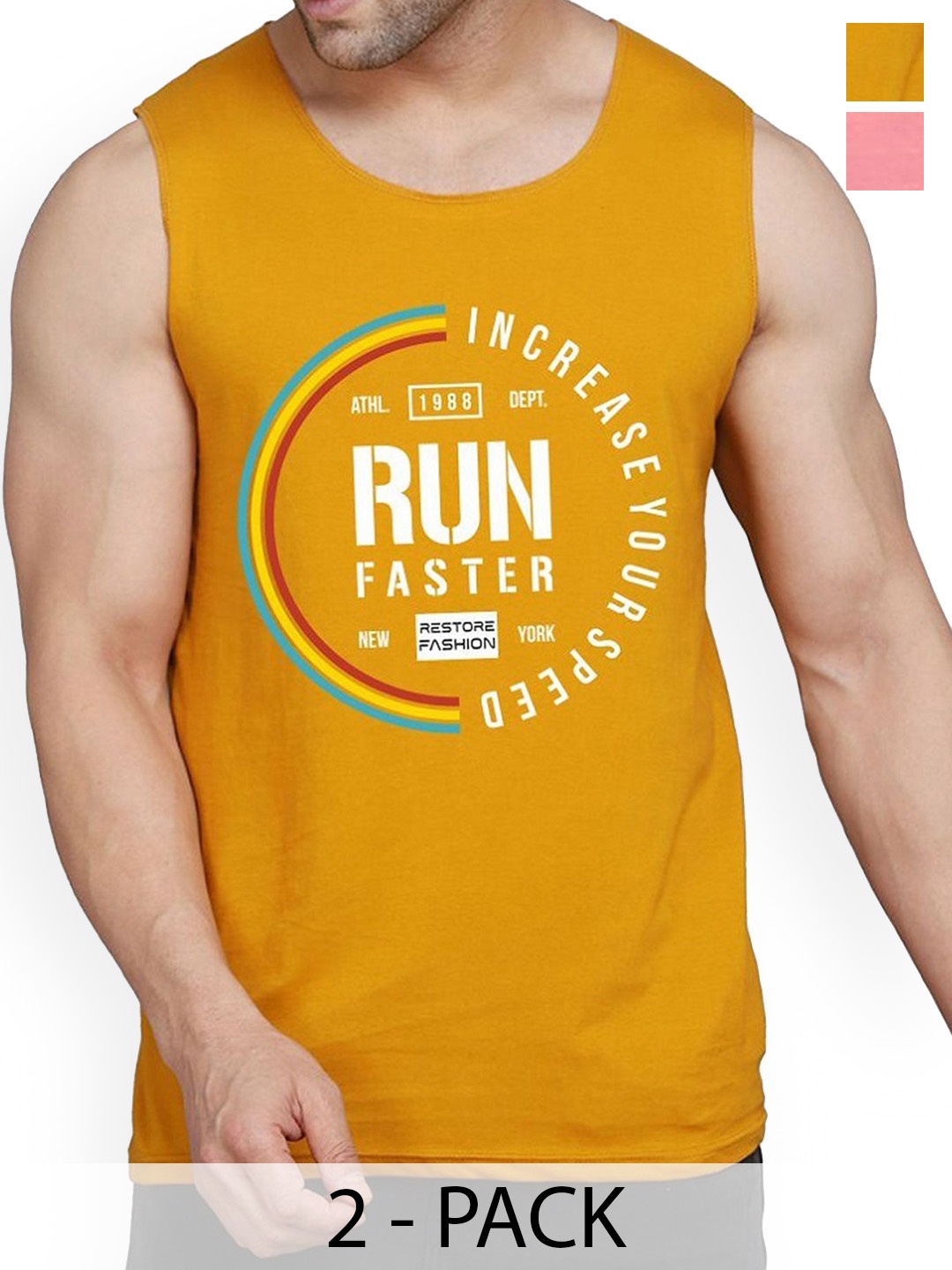 

Woostro Pack Of 2 Printed Pure Combed Cotton Gym Vests RS26 CMB (RUN MUSTARD) (98 PEACH)