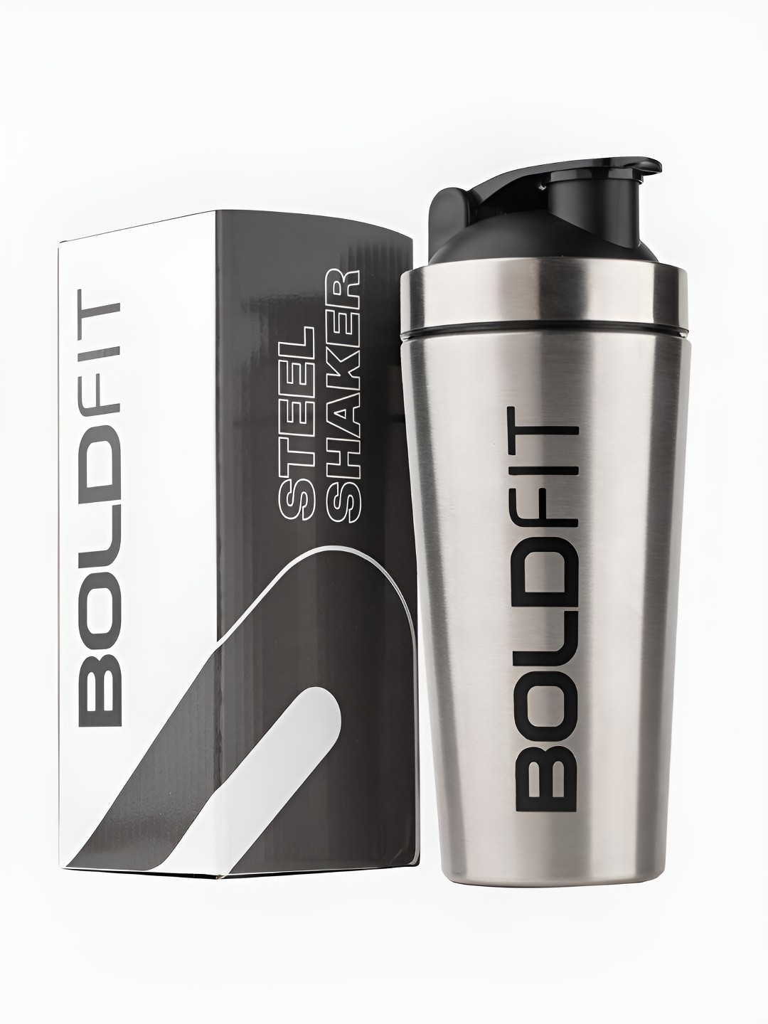 

BOLDFIT Silver-Toned & Black Printed Stainless Steel Boldfit Shaker Water Bottle 700 ml