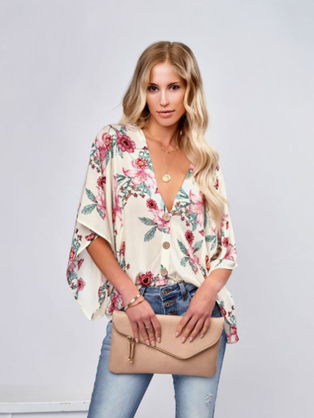 

StyleCast Women Floral Print Flared Sleeve Wrap Top, White