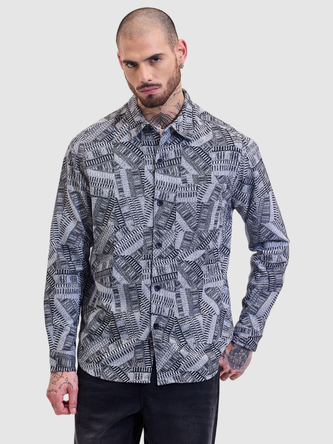 

Snitch Men Relaxed Boxy Opaque Printed Casual Shirt, Navy blue