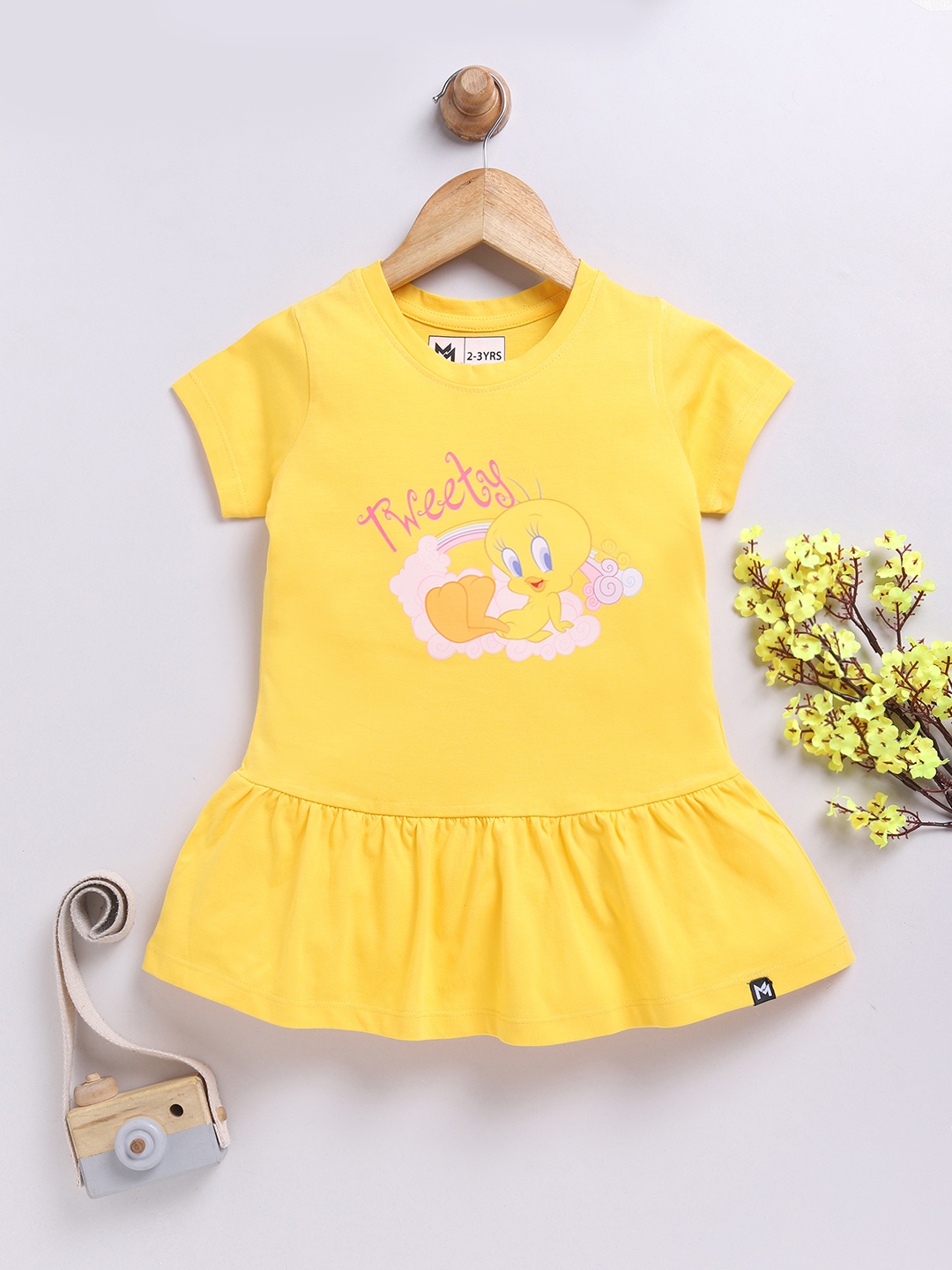 

YK X Minute Mirth Girls Tweety Printed Pure Cotton Fit & Flare Dress, Yellow