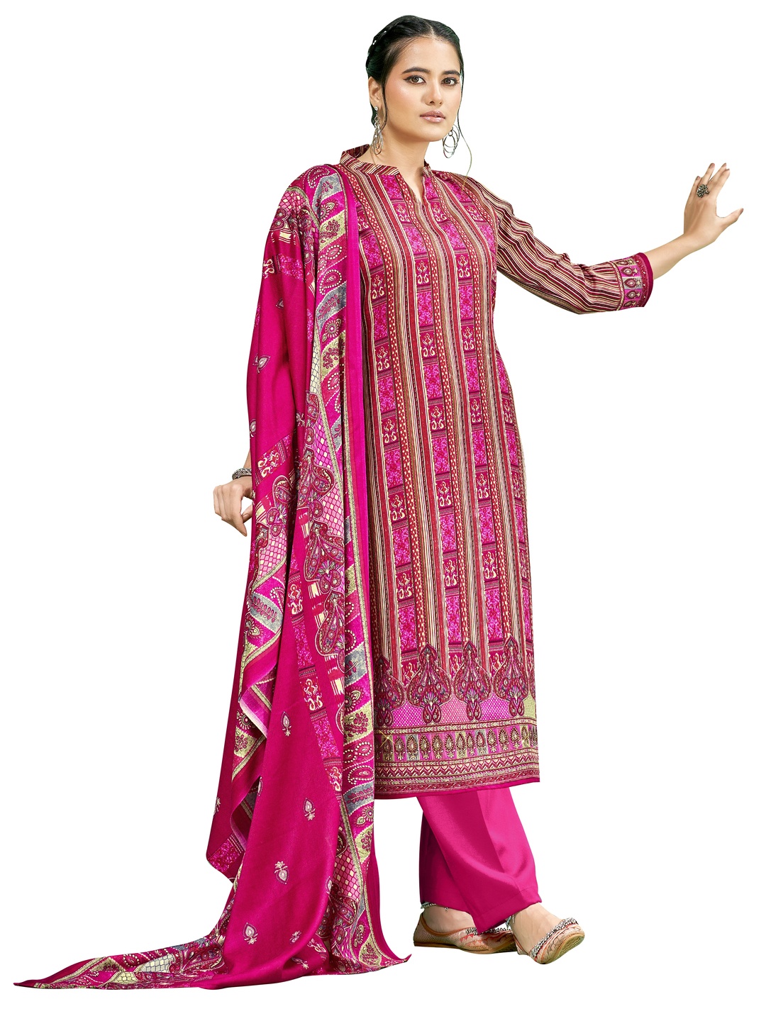 

DRAVINAM Trends Ethnic Motifs Printed Pashmina Unstitched Dress Material, Pink
