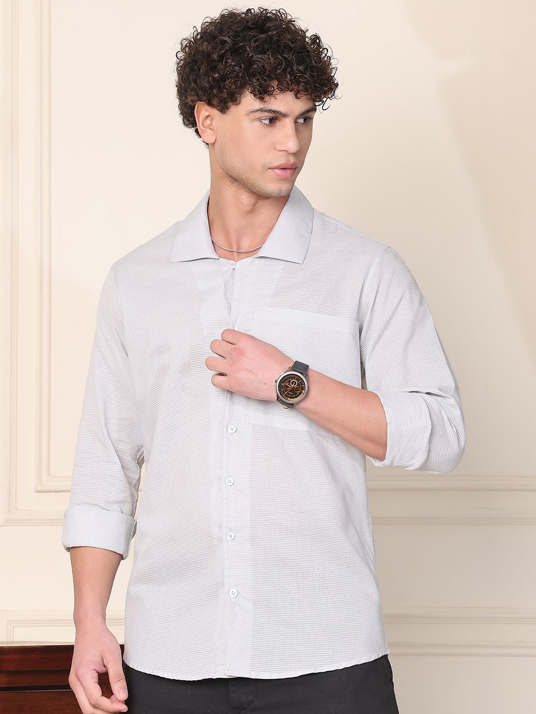 

Tanip Men Cuban Collar Textured Cotton Casual Shirt, White