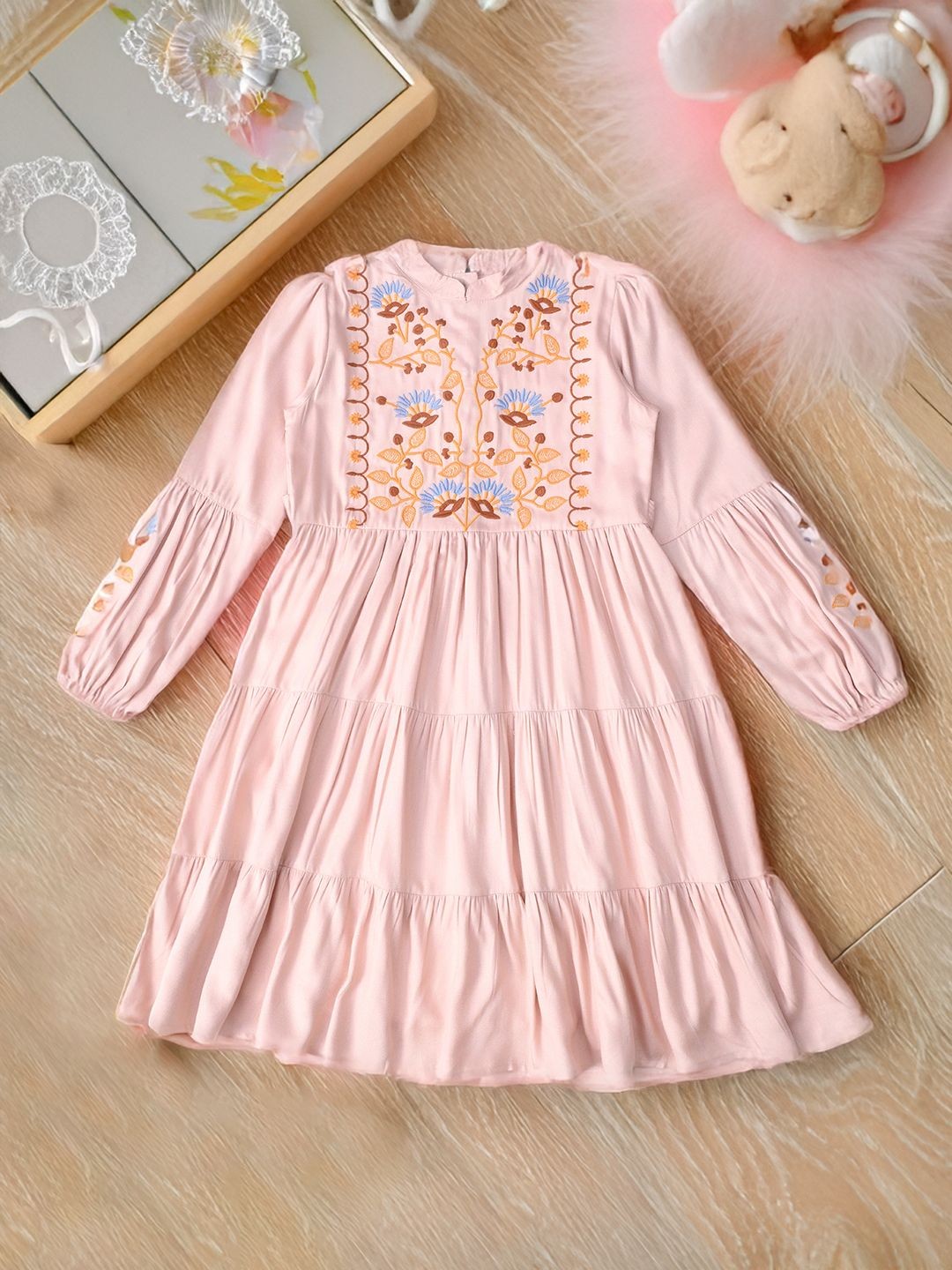 

Bella Moda Girls Cotton Embroidered Fit & Flare Dress, Peach