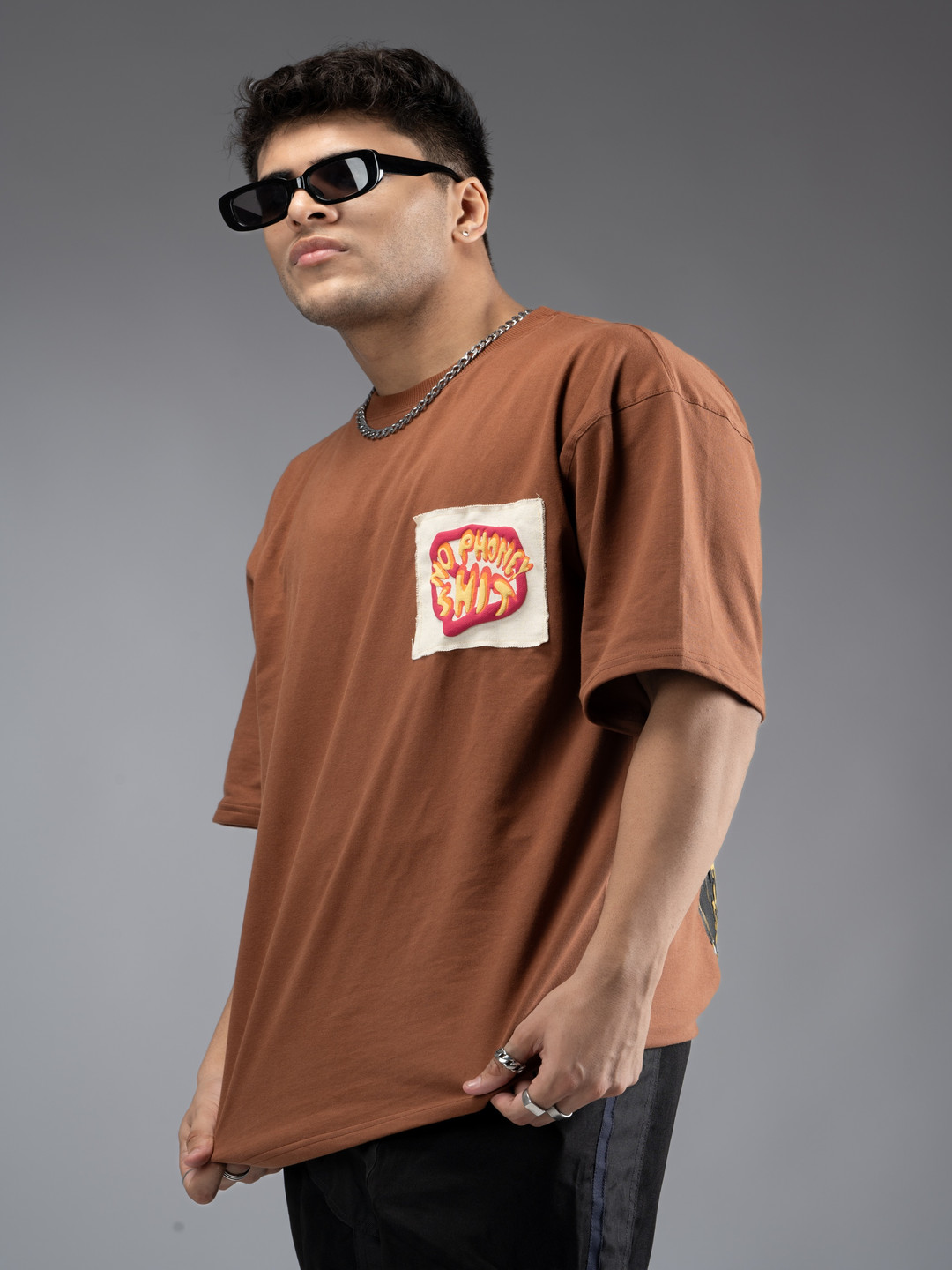 

BAVA STORE Unisex Typography Printed Pockets T-shirt, Coffee brown