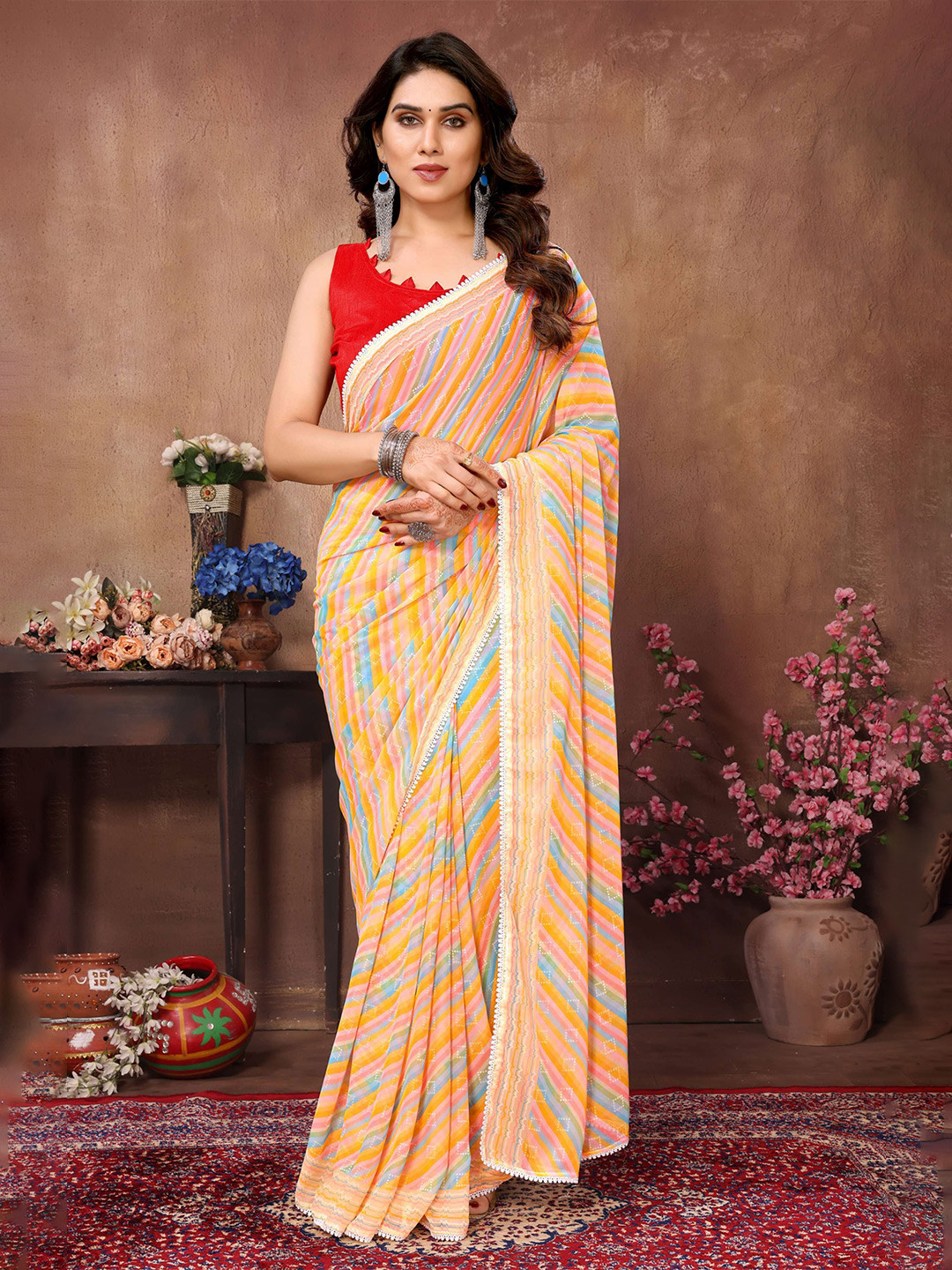 

bansari textiles Striped Ready to Wear Kota Saree, Yellow