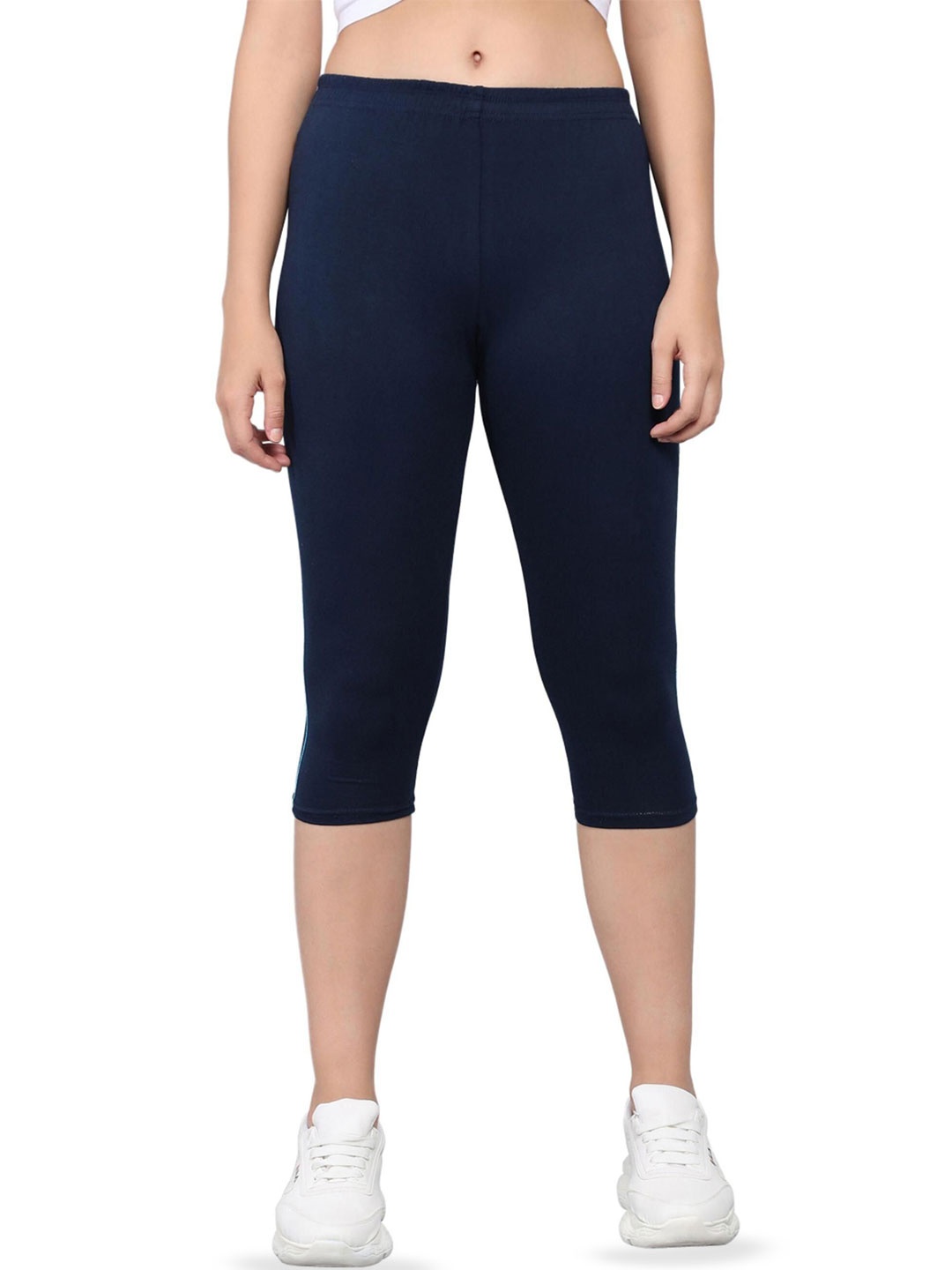 

PINK SHELL Women Slim Fit Mid-Rise Cotton Capris, Blue
