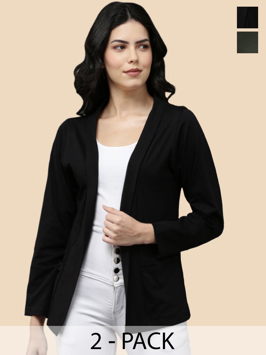 

Kryptic Pack Of 2 Cotton Open Front Shrug, Black