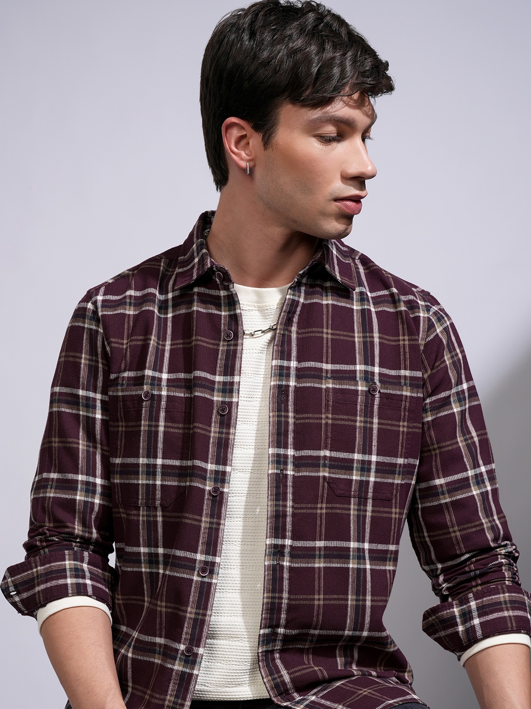

HIGHLANDER Men Flannel Textured Checked Casual Shirt, Olive