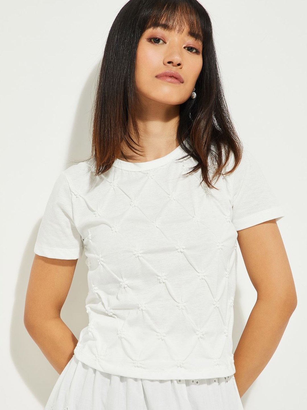 

max Women Self Design Round Neck Top, White