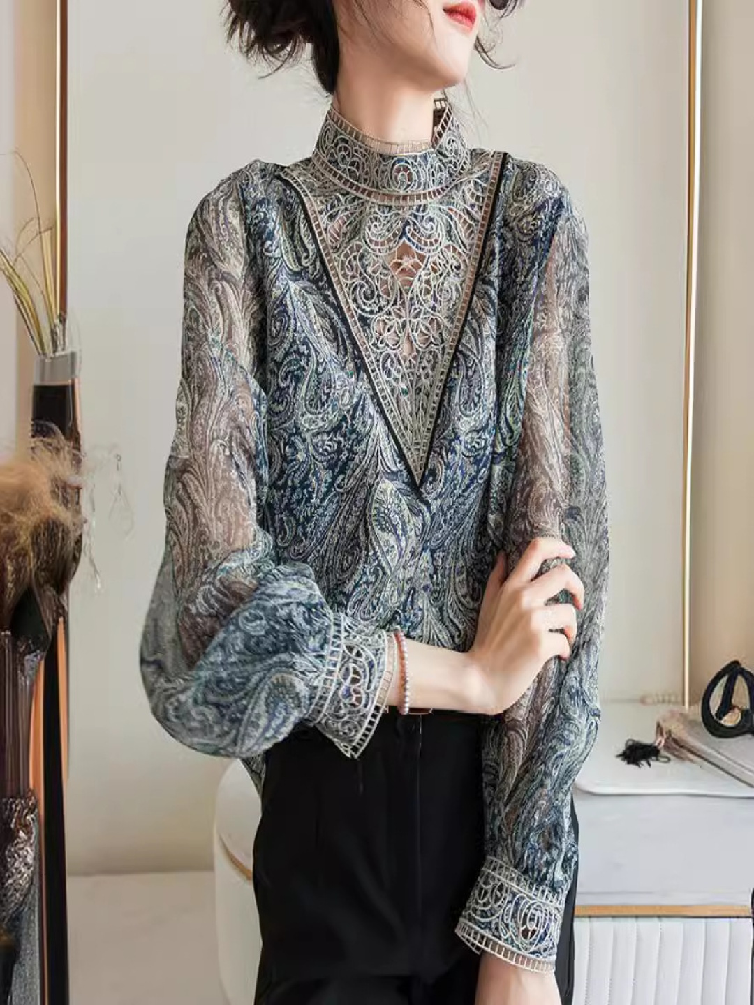 

StyleCast Women Printed High Neck Long Sleeves Tops, Blue