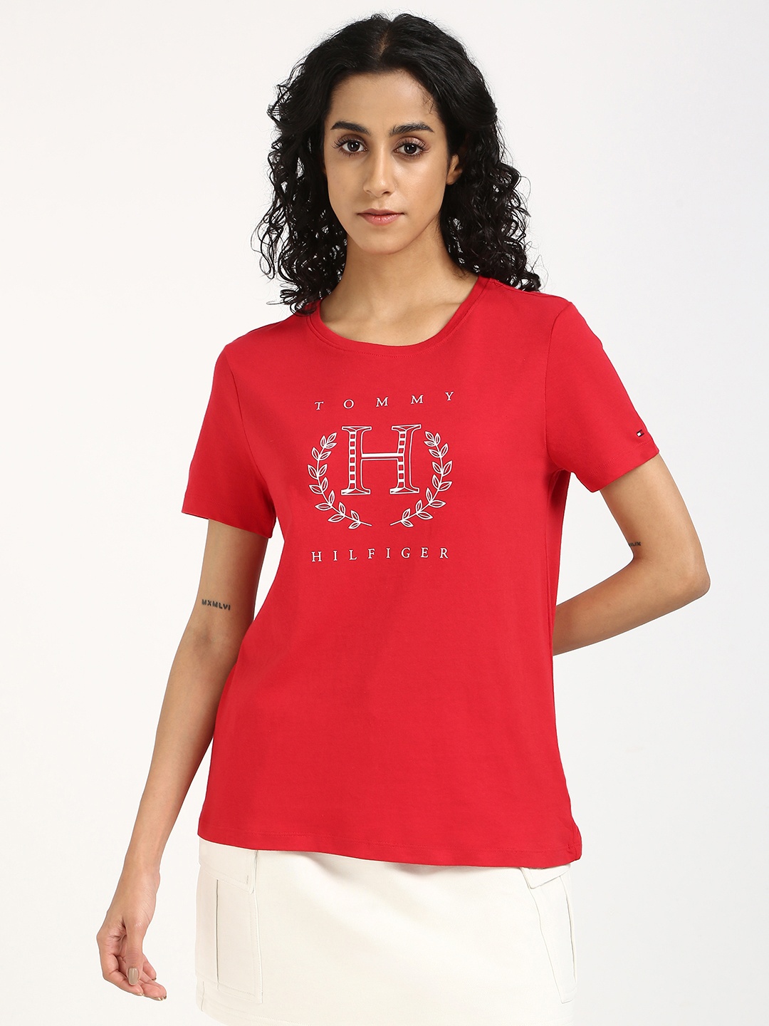 

Tommy Hilfiger Women JACKIE Typography Printed Round Neck Cotton T-shirt, Red