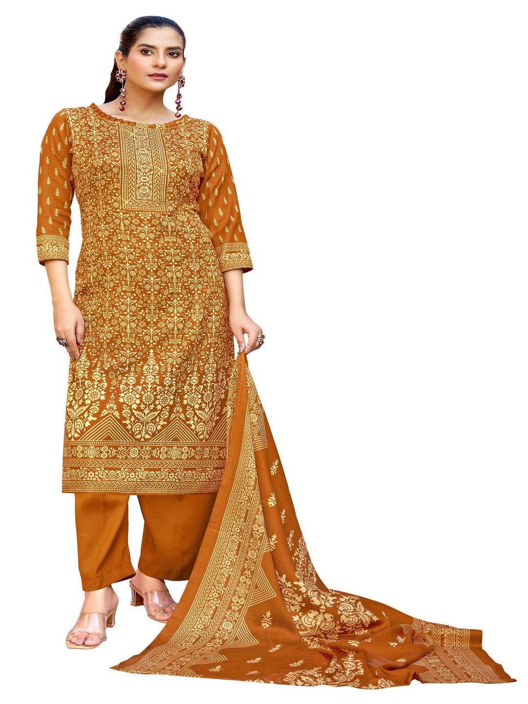 

DRAVINAM Trends Floral Printed Pashmina Unstitched Dress Material, Mustard