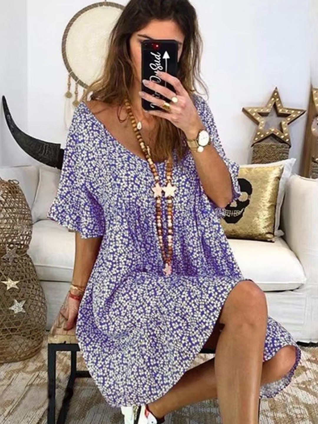 

StyleCast Ethnic Motifs Print Bell Sleeve Fit & Flare Dress, Purple