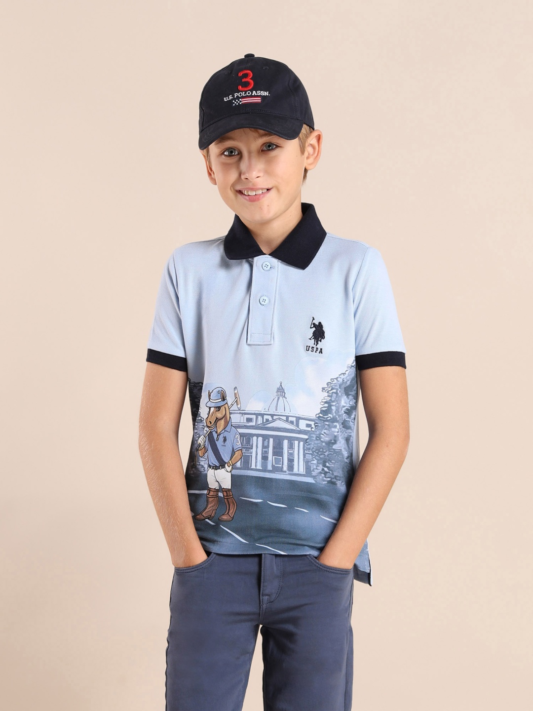 

U.S. Polo Assn. Kids Boys Brand Logo Printed Polo Collar Applique T-shirt, Blue