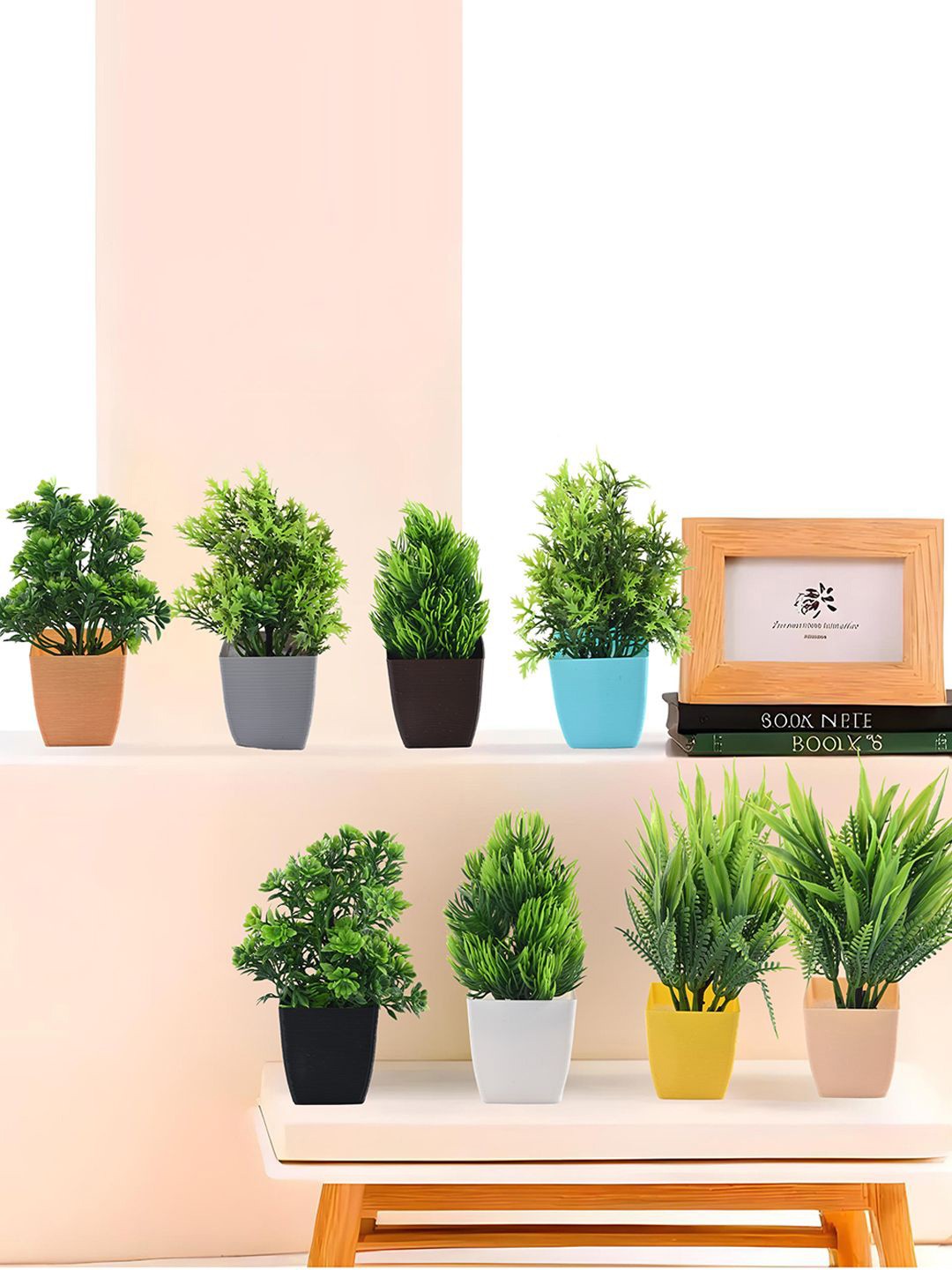 

Kuber Industries Green & Yellow 16 Pieces Eucalyptus Artificial Flower With Pot