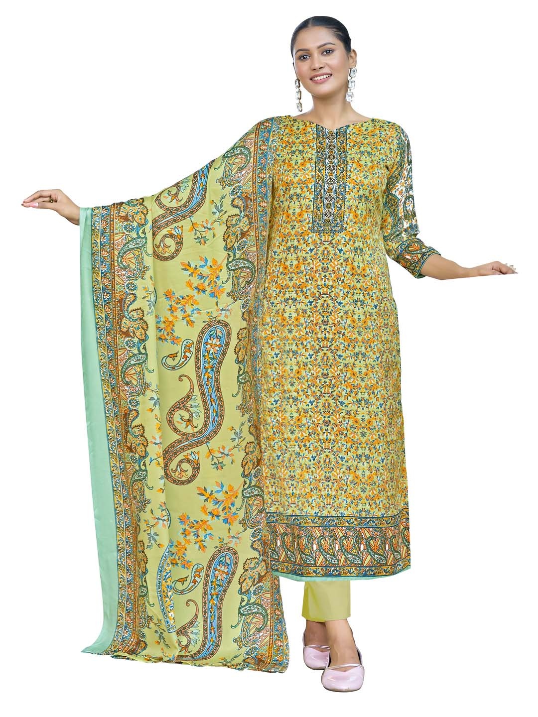 

DRAVINAM Trends Floral Printed Unstitched Dress Material, Green