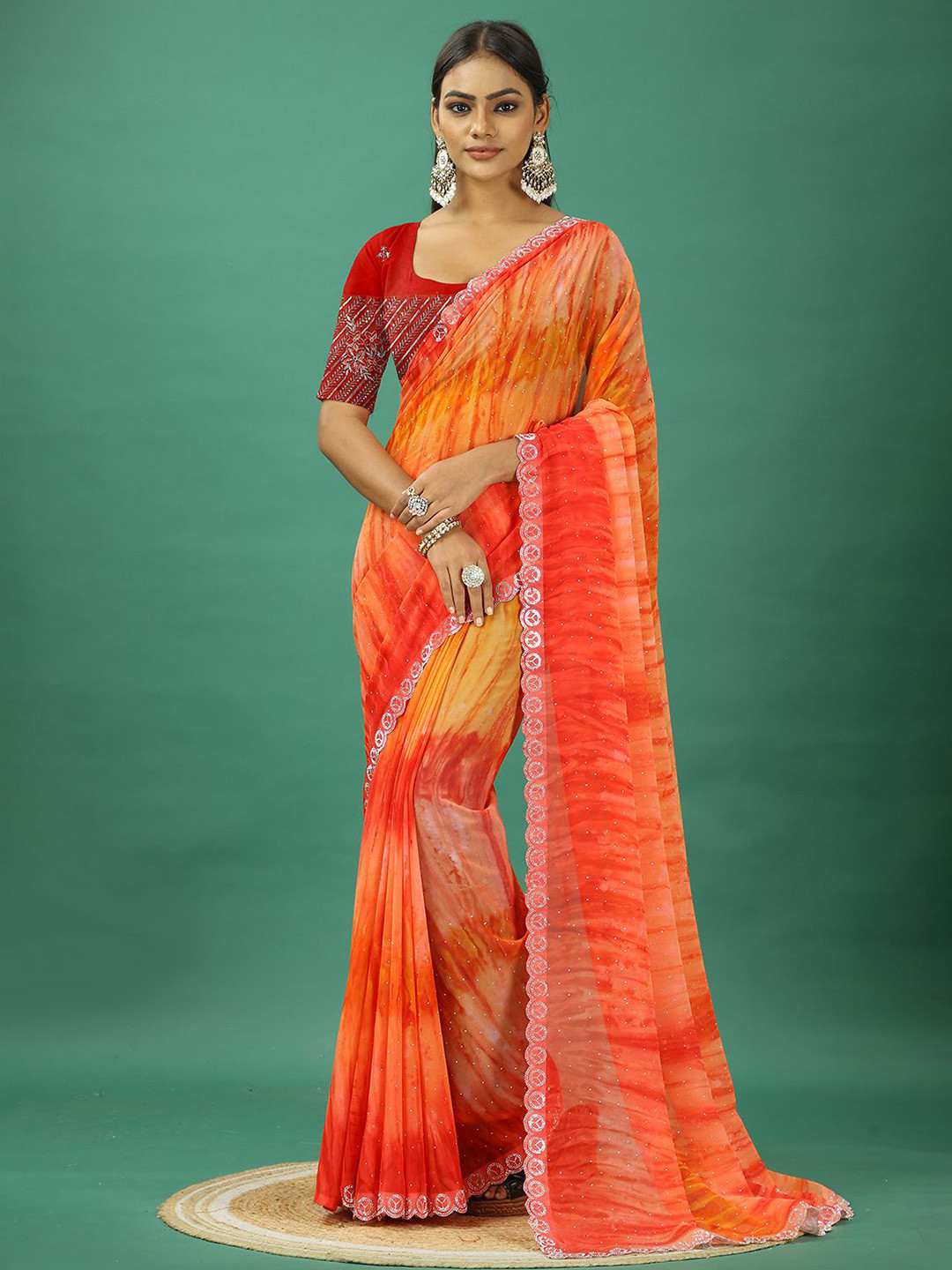 

A.V.M. SILK MILLS Tie and Dye Beads and Stones Pure Georgette Saree, Orange