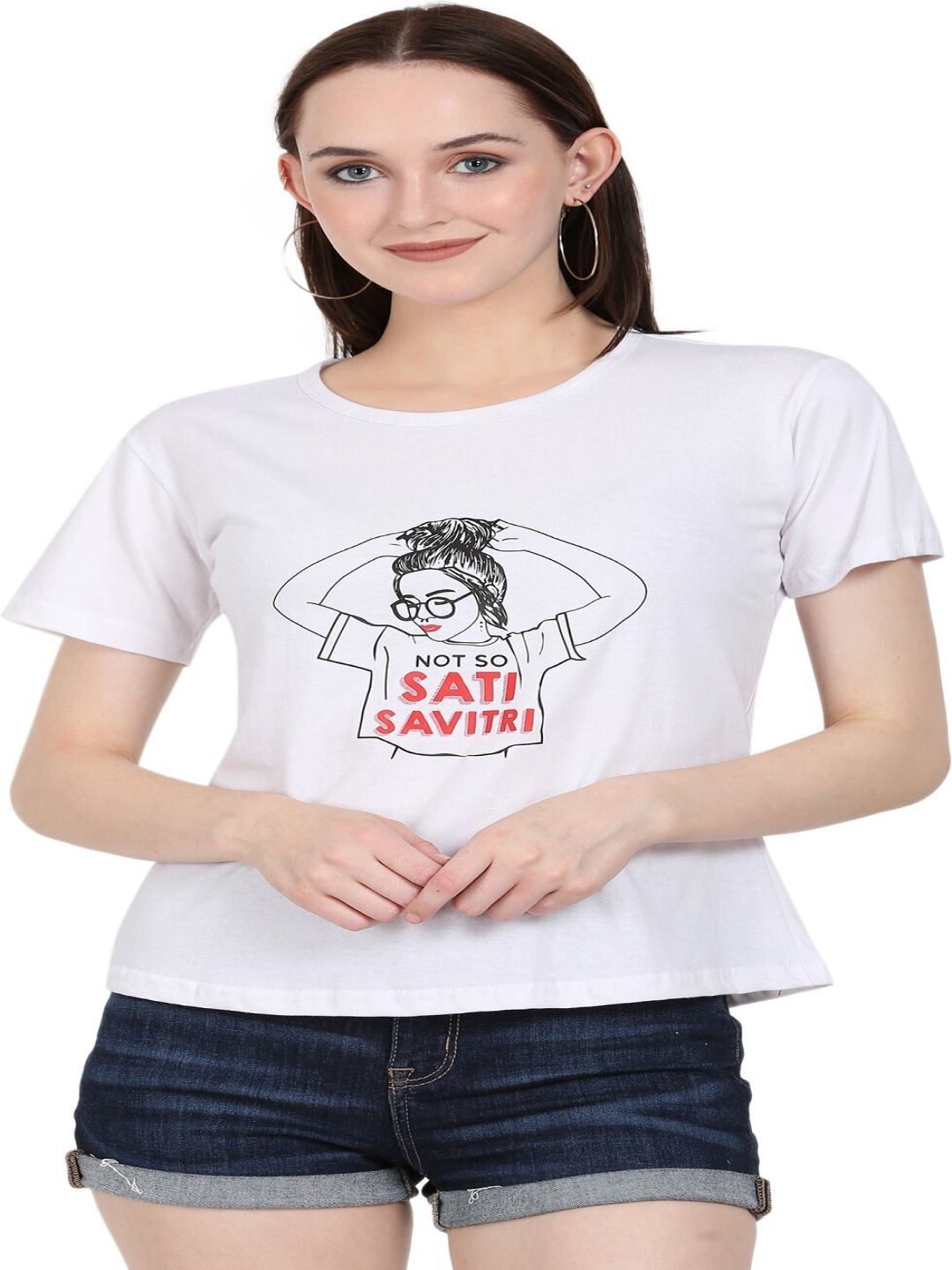 

DEEPMAYRA COLLECTION Women Graphic Printed Round Neck Cotton T-shirt, White