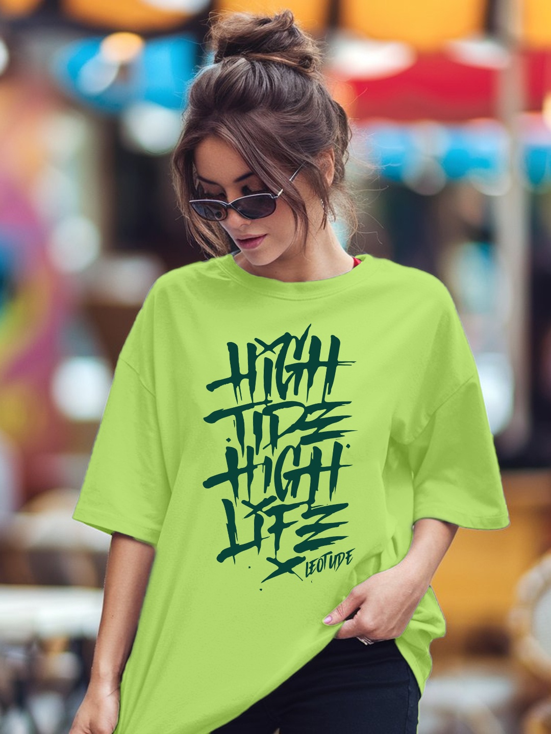 

Leotude Women Typography Printed Round Neck Cotton Oversized T-shirt, Green