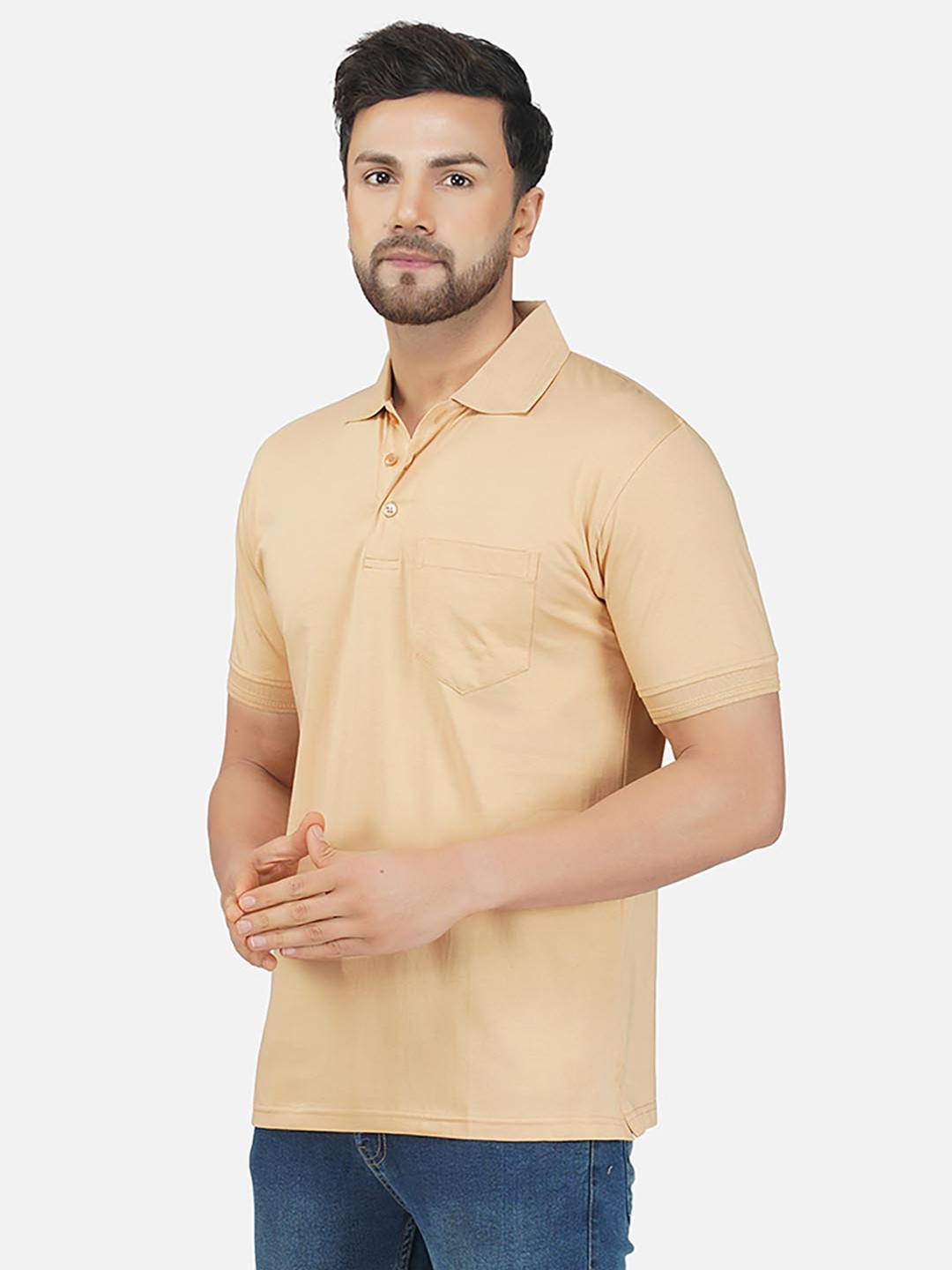 

ALARM Men Solid Polo Collar Cotton Slim Fit T-shirt, Beige
