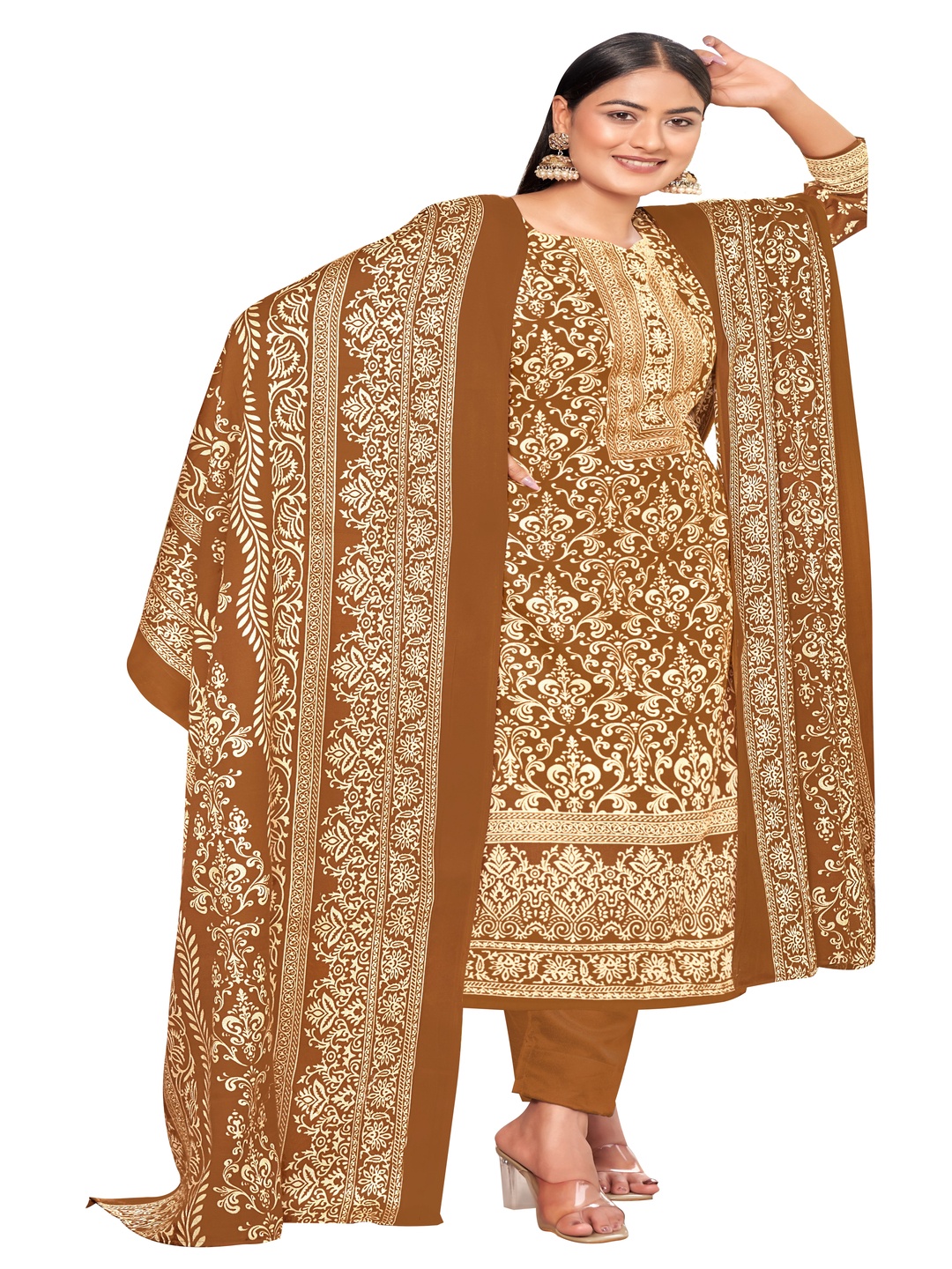 

DRAVINAM Trends Floral Printed Pashmina Unstitched Dress Material, Brown