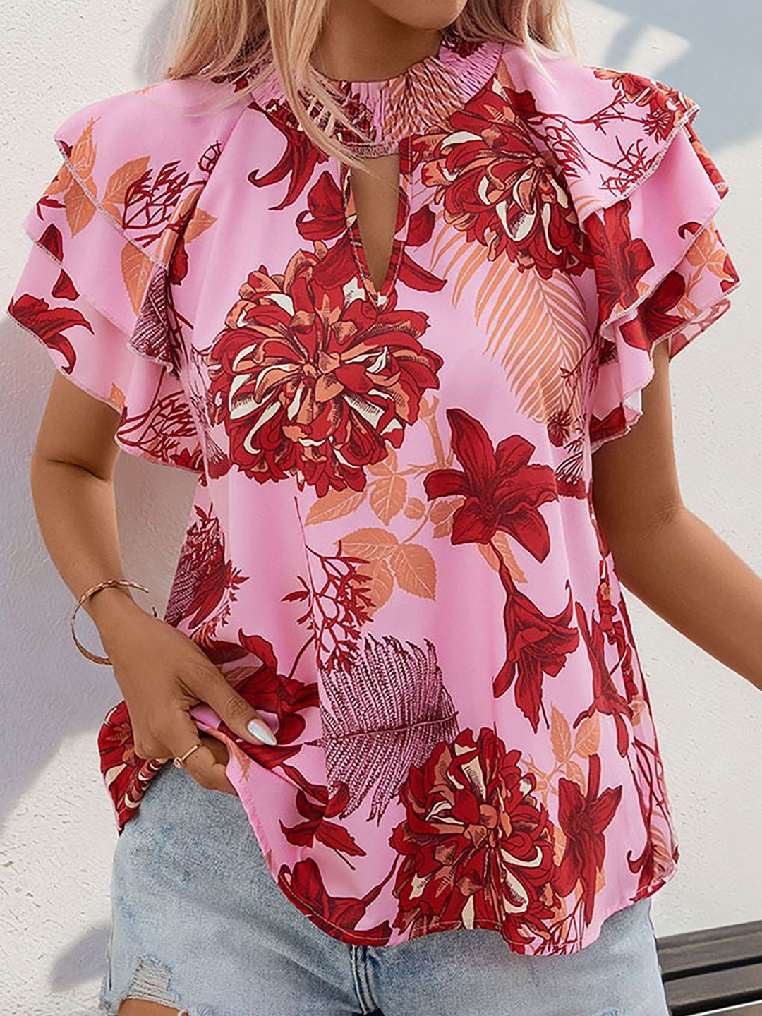 

StyleCast x Revolte Floral Printed Flared Sleeve Regular Top, Red