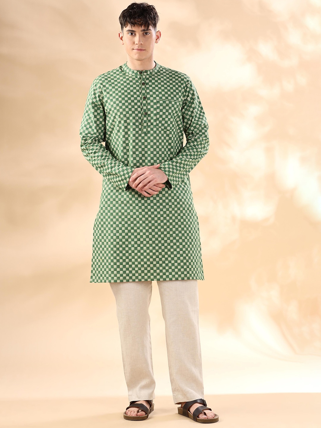 

Anouk Green & Off White Geometric Printed Band Collar Pure Cotton Straight Kurta