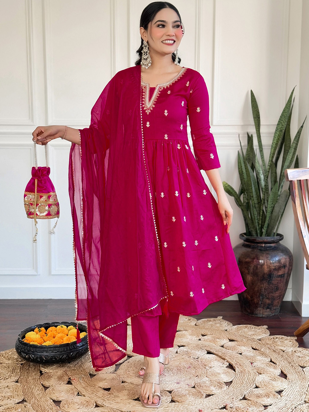 

KALINI Thread Work Notch Neck A-Line Kurta With Trousers And Dupatta, Red