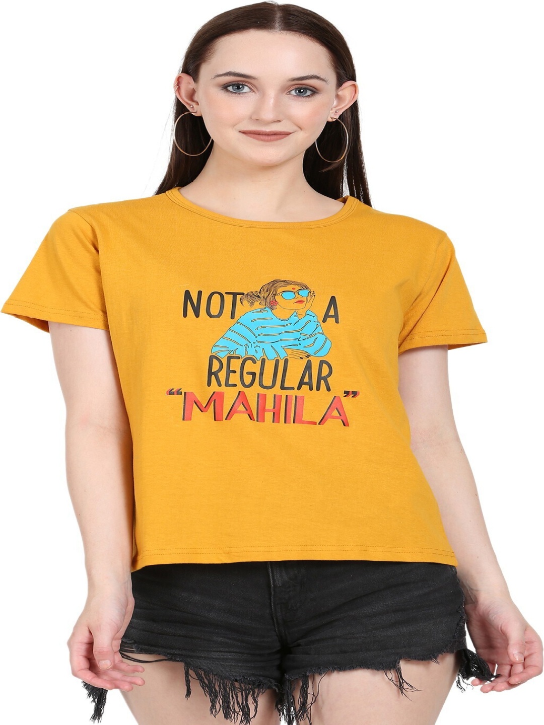 

DEEPMAYRA COLLECTION Women Graphic Printed Round Neck Cotton T-shirt, Mustard