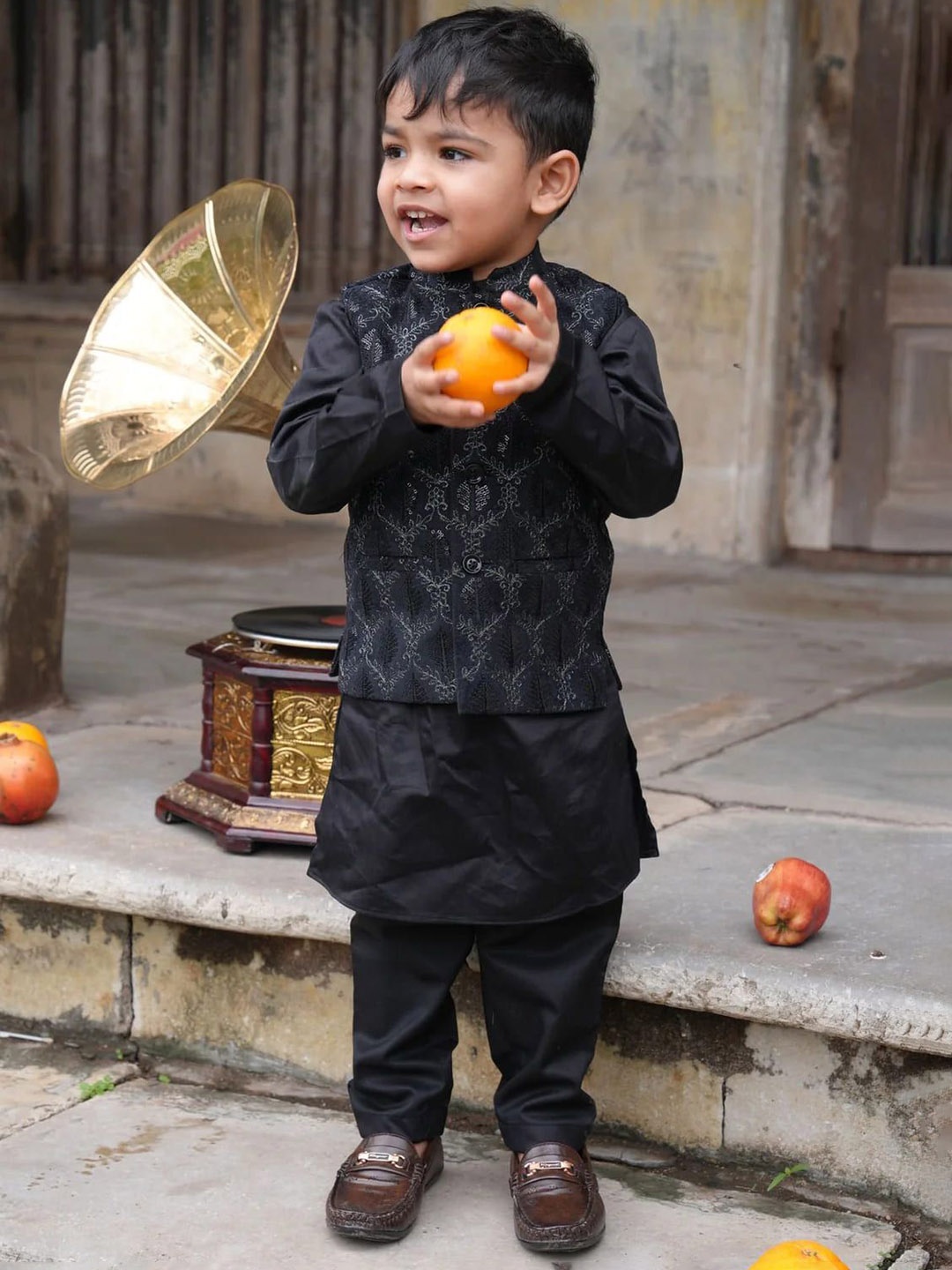 

Funny Bones Clothings Boys Embroidered Mandarin Collar Kurta With Pyjama & Nehru jacket, Black