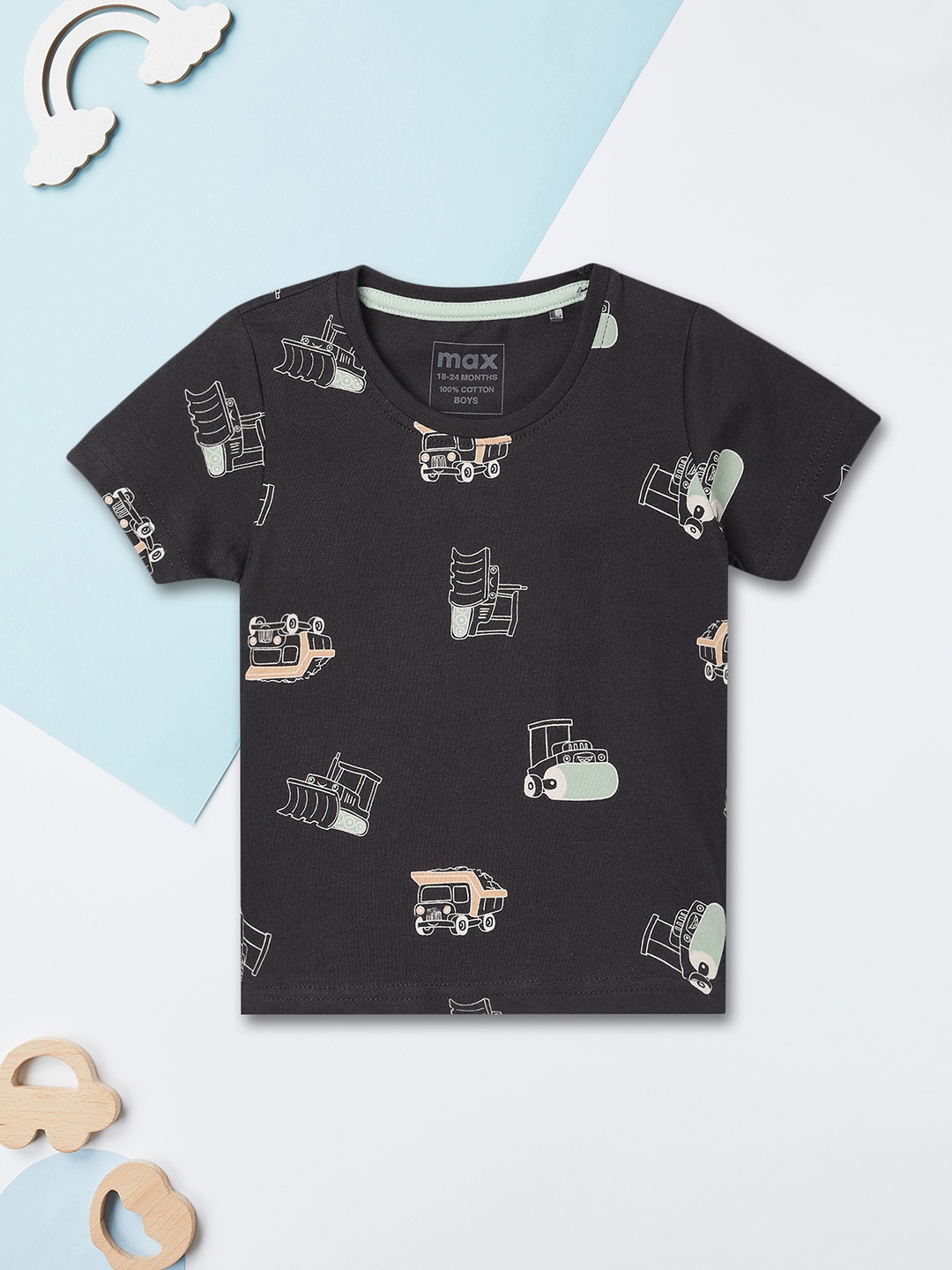 

max Boys Graphic Printed Round Neck Cotton T-shirt, Charcoal