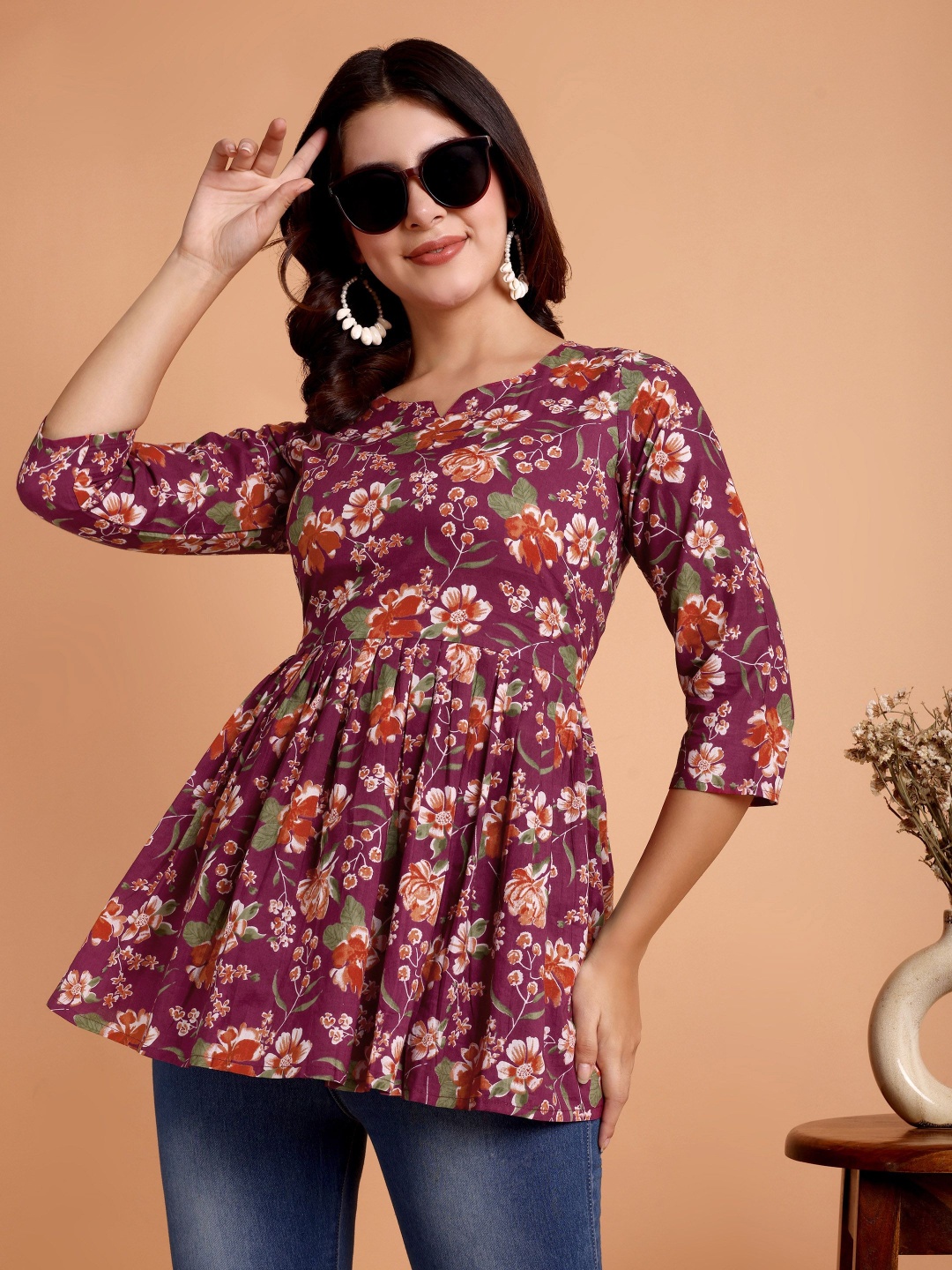 

WILL BOTTOM Floral Print Cotton Top, Maroon