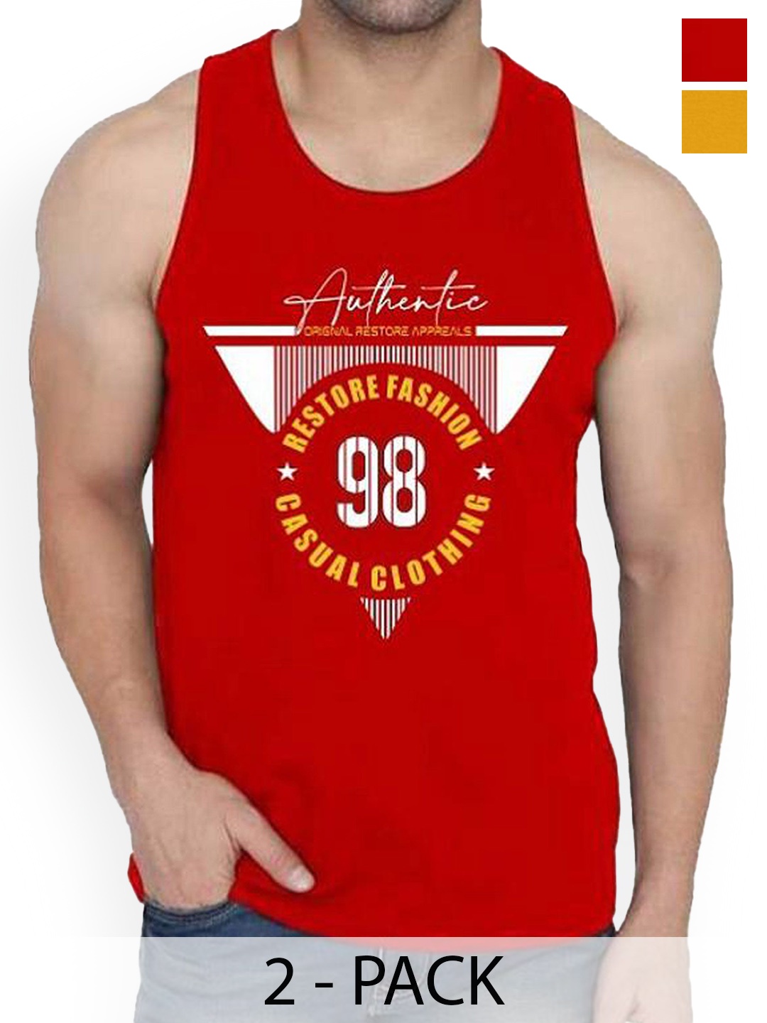 

WOOSTRO Men Pack Of 2 Printed Combed Cotton Gym Vest, Red