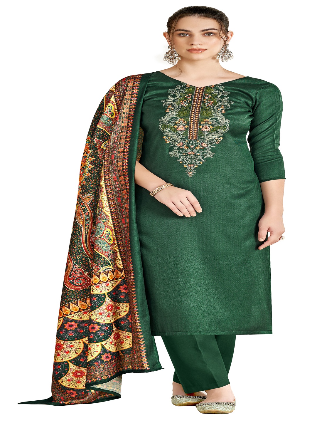 

DRAVINAM Trends Floral Embroidered Unstitched Dress Material, Green