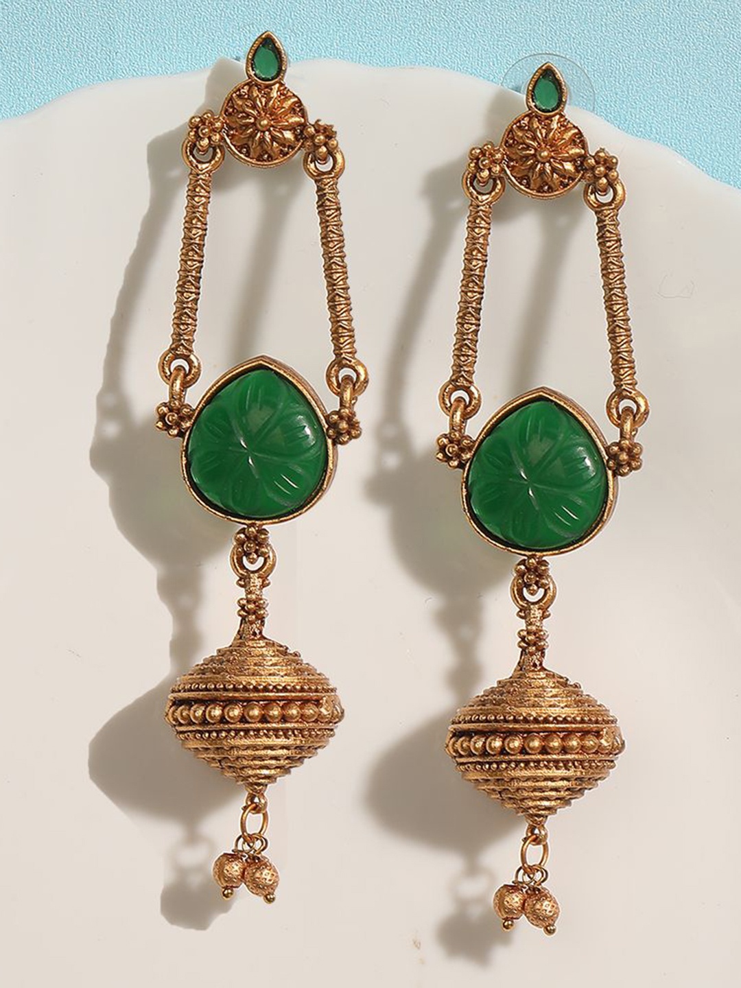 

Anouk Green Gold-Plated Artificial Studded Contemporary Shaped Drop Earrings