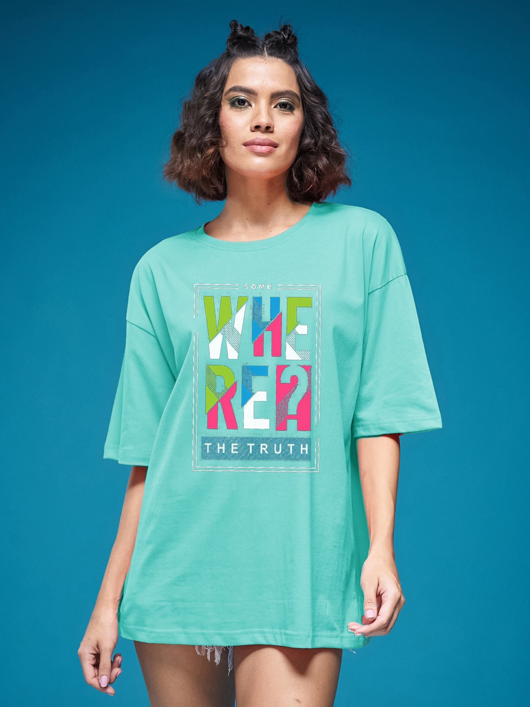 

SMARTEES Women Typography Printed Round Neck Cotton Oversized T-shirt, Sea green