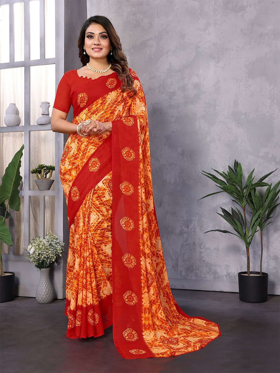 

Moda Rapido Tie and Dye Saree with Blouse Piece, Orange