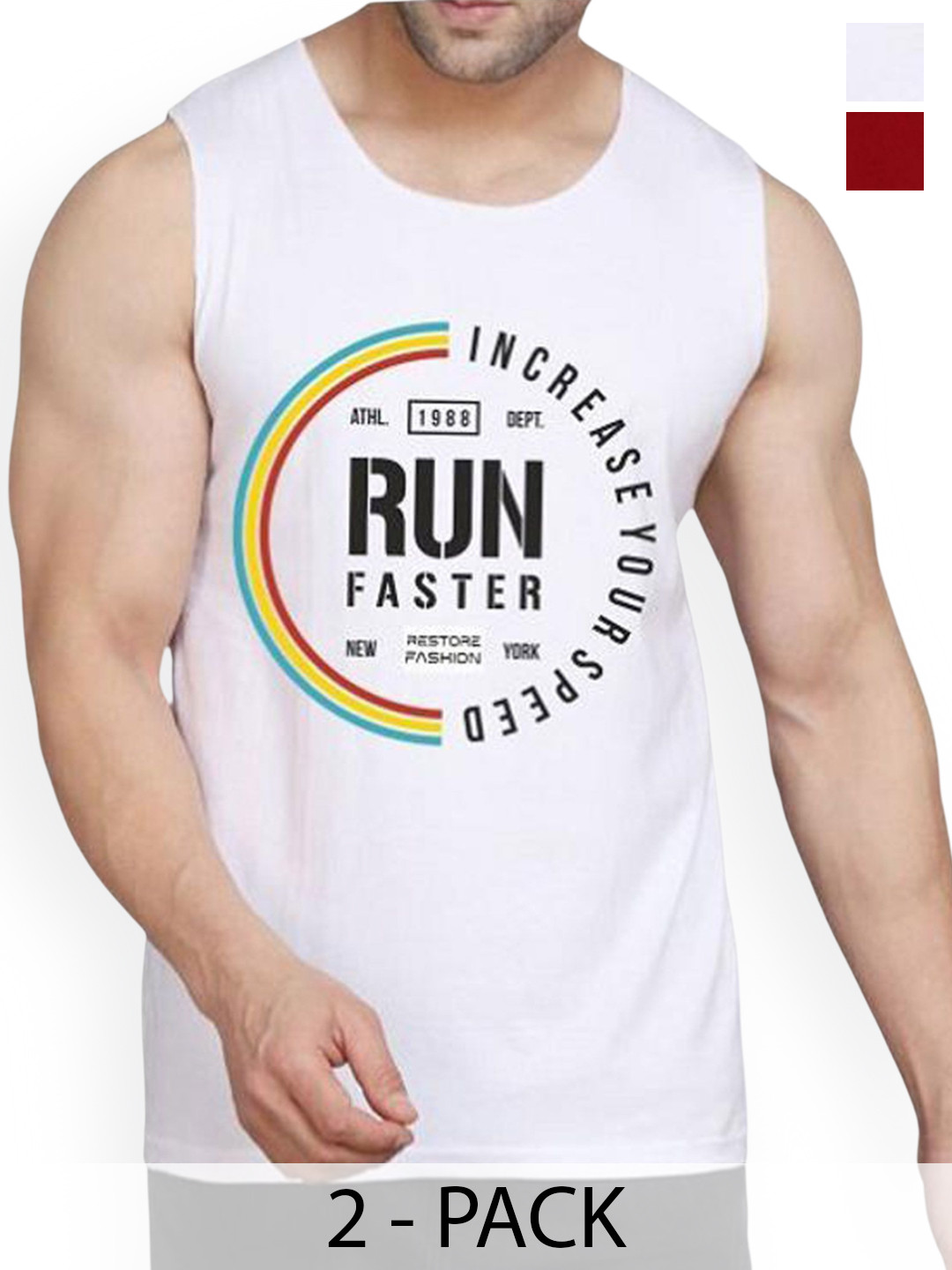 

WOOSTRO Pack Of 2 Printed Cotton Gym Vests RS26 CMB (HARD MAROON) (RUN WHITE)